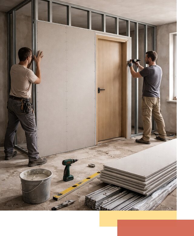 Перегородка из гипсокартона с дверью под ключ в Биробиджане