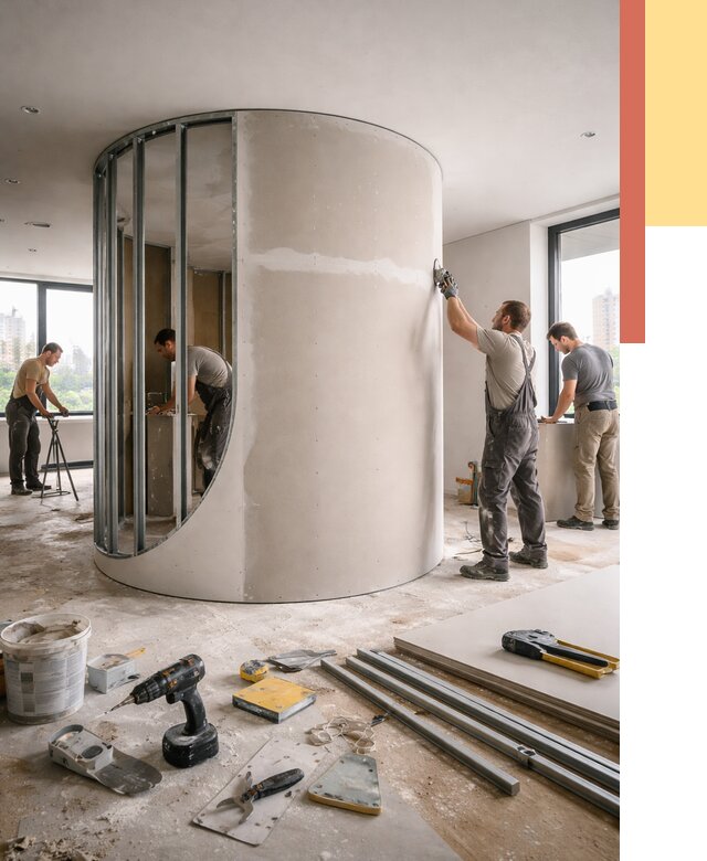 Радиусная перегородка из гипсокартона в Биробиджане от 2940 руб. под ключ | ОТДЕЛОЧНИК-Брб