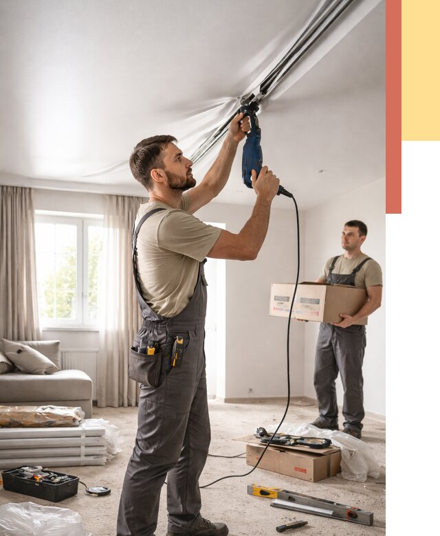 Монтаж сатинового натяжного потолка в Биробиджане от 3548 руб. | Быстро, недорого — ОТДЕЛОЧНИК-Брб