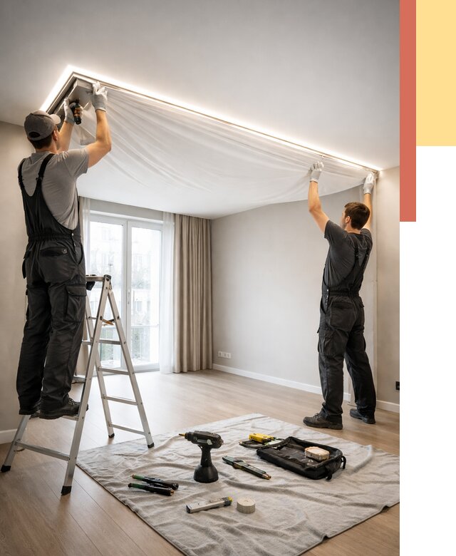 Монтаж парящего натяжного потолка в Биробиджане от 4562 руб. быстро и недорого | ОТДЕЛОЧНИК-Брб