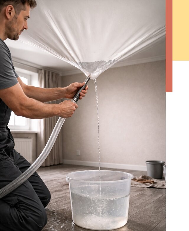 Слив воды с натяжного потолка в Биробиджане от 2535 руб. быстро и недорого | ОТДЕЛОЧНИК-Брб