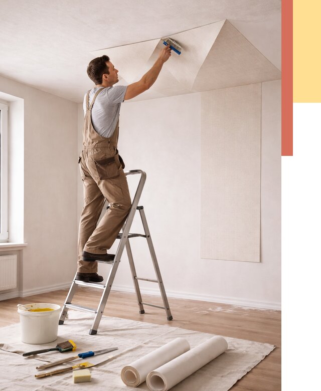 Поклейка обоев на потолок в Биробиджане от 4562 руб. быстро и недорого | ОТДЕЛОЧНИК-Брб